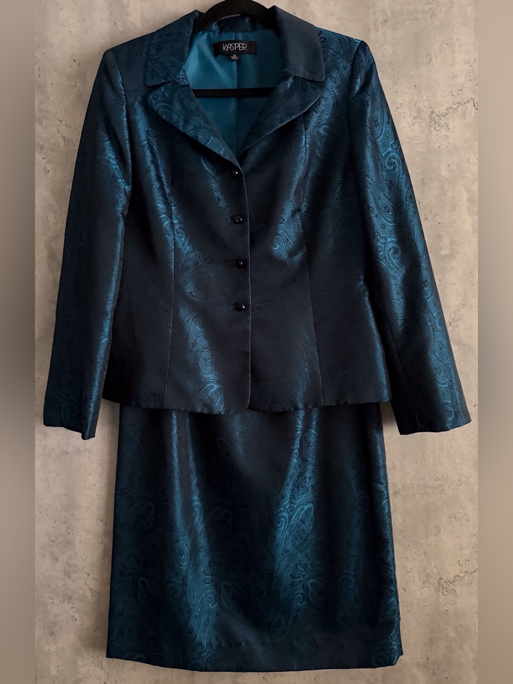 VTG Kasper 2pc Professional Formal TealBlue BlkPaisley Brocade Jacket Skirt Sz10